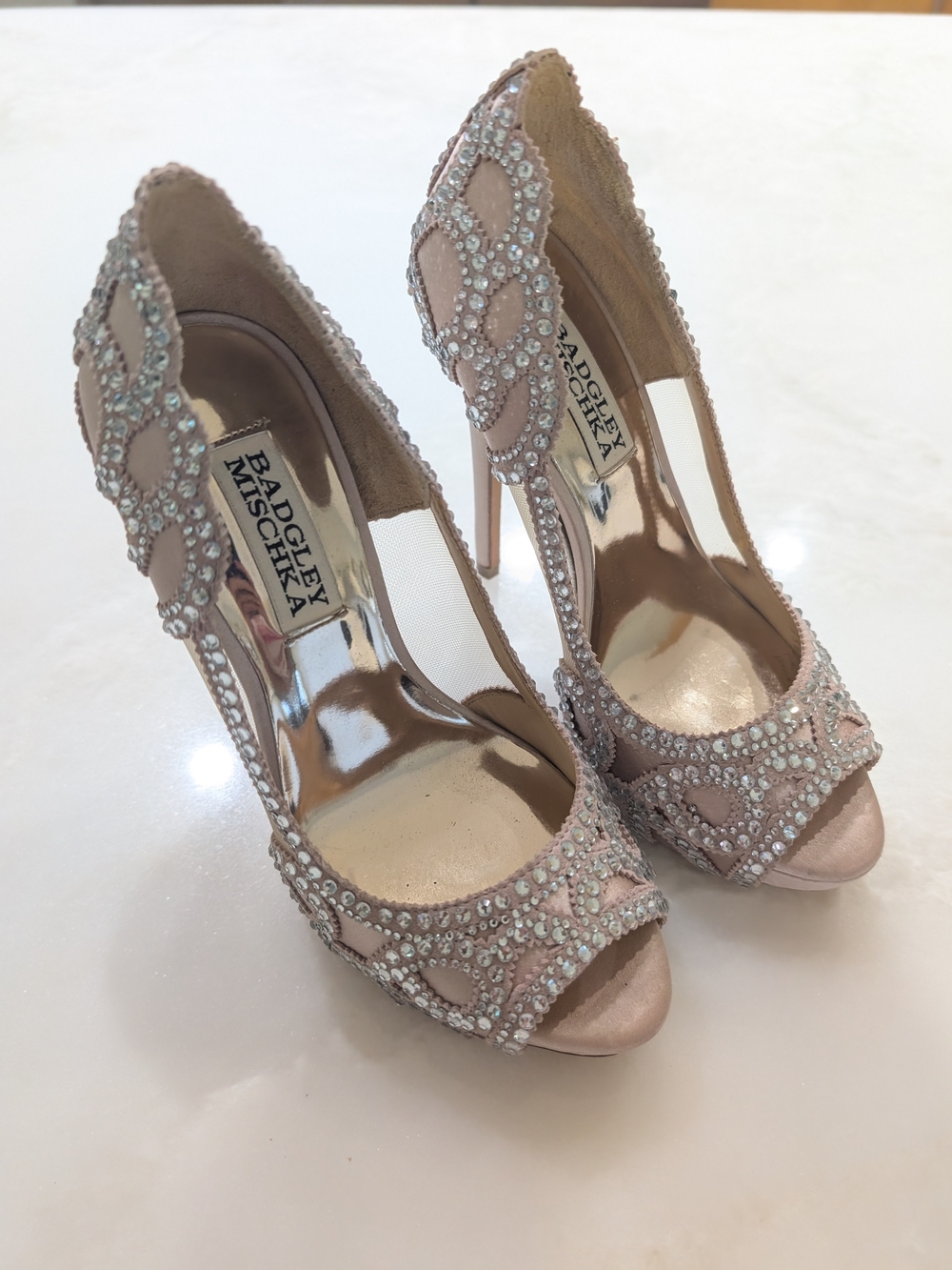 Badgley Mischka Blush Pink Crystal-Embellished Peep-Toe Pumps